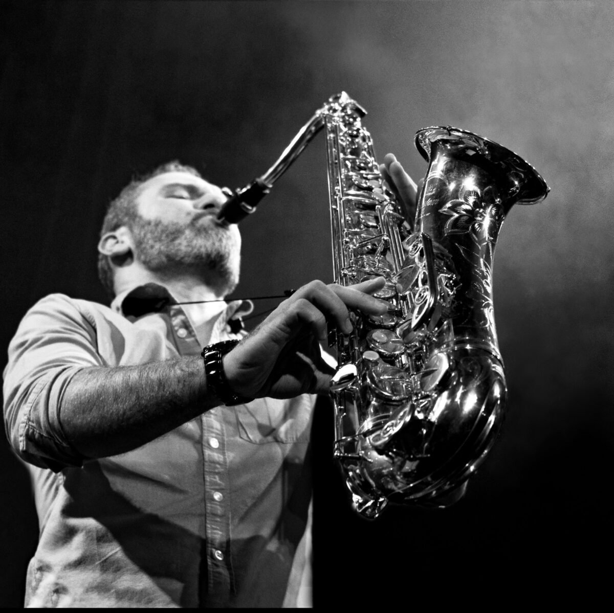 Flamboyant Jean Hervé Michel on sax during the Cumbia ya! concert at the Ermitage studio in Paris on November 13, 2016